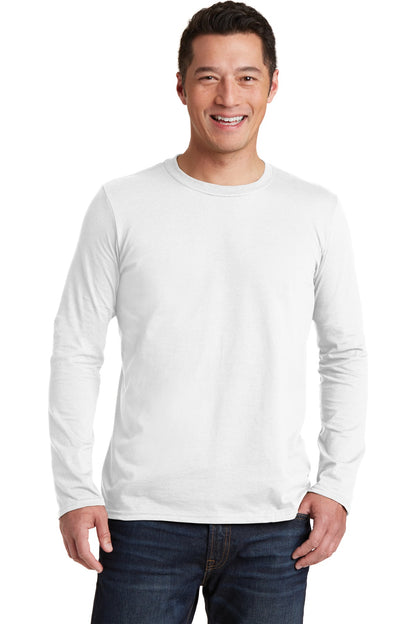 Front View of White Gildan Softstyle Long Sleeve T-Shirt. 64400 plain