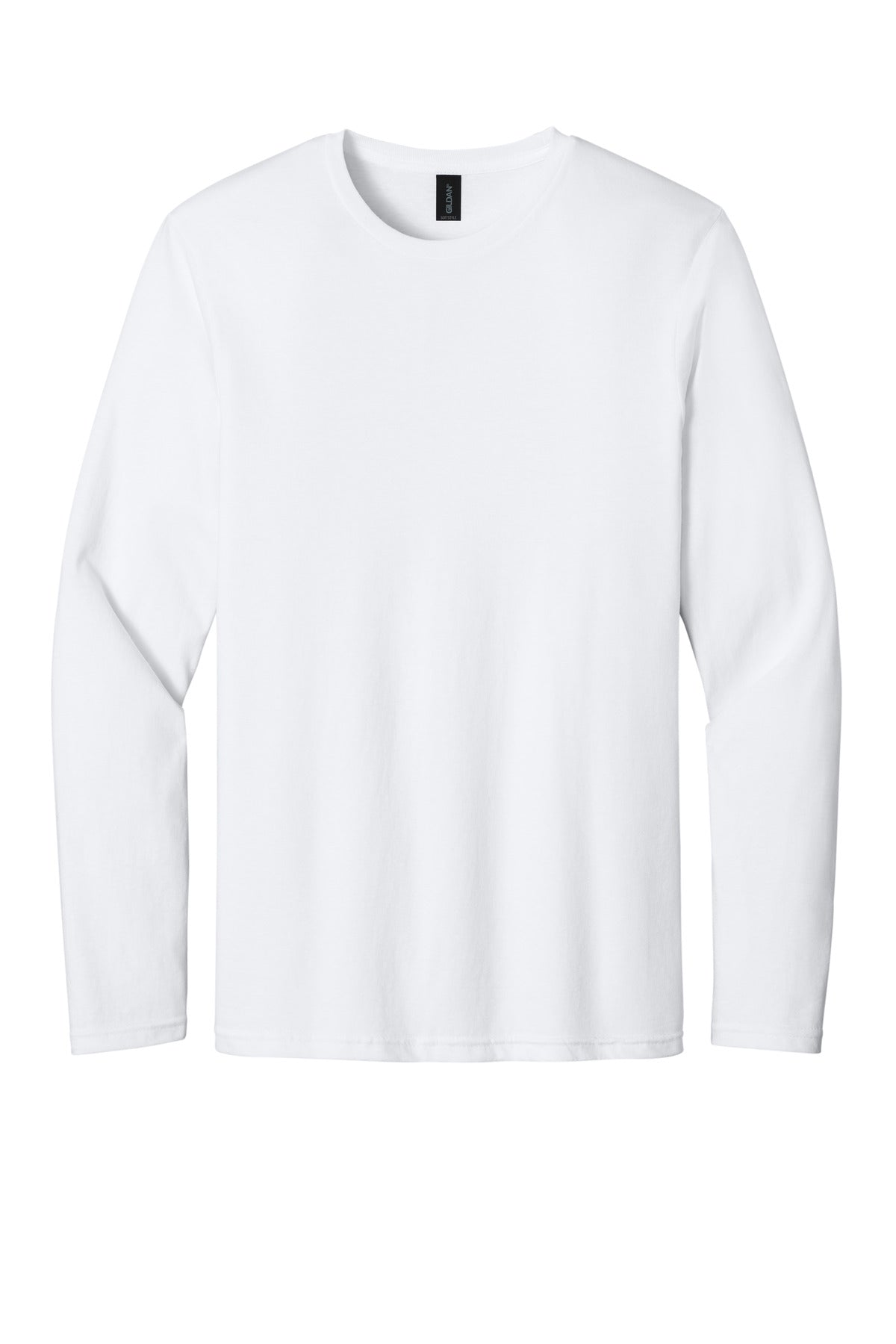 Front View of White Gildan Softstyle Long Sleeve T-Shirt. 64400 plain