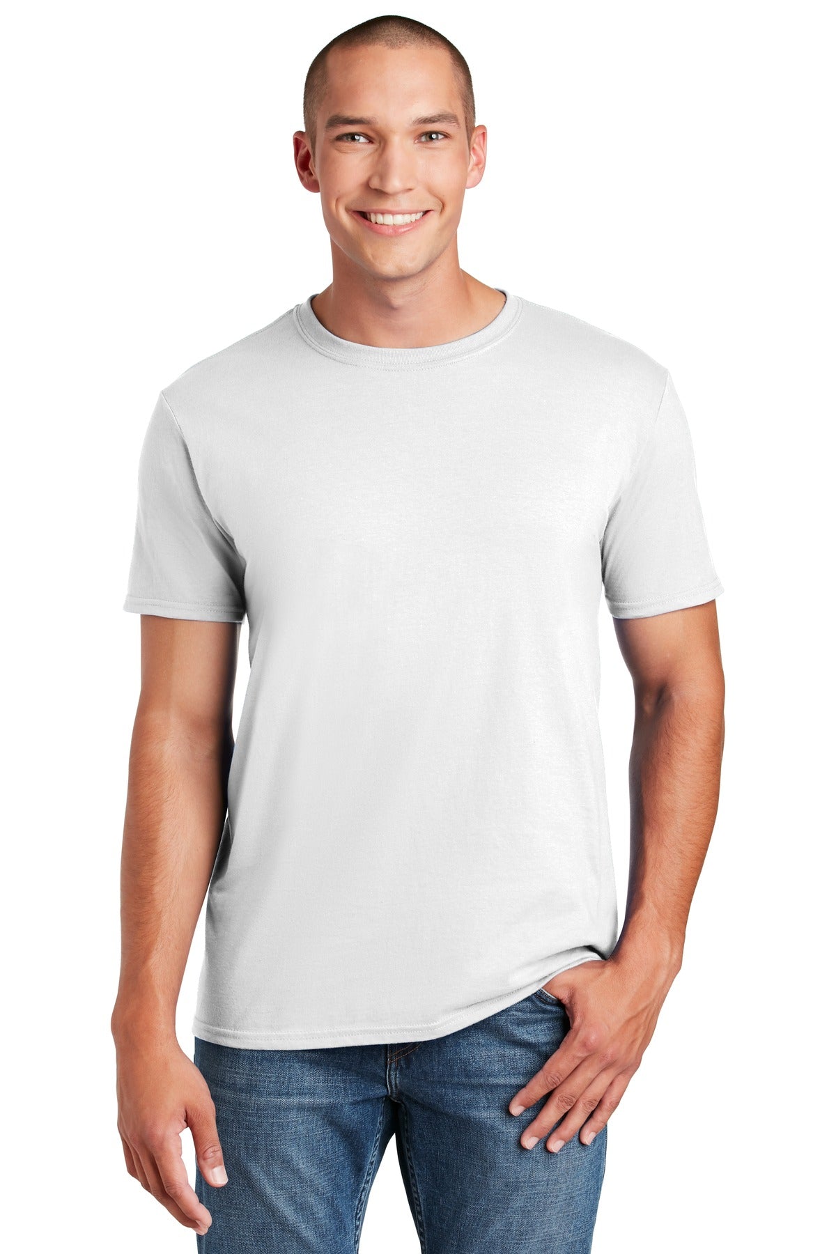 Front View of White Gildan Softstyle T-Shirt. 64000 plain