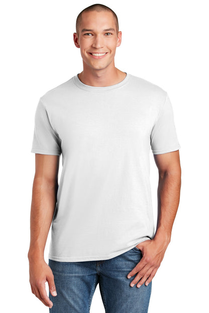 Front View of White Gildan Softstyle T-Shirt. 64000 plain