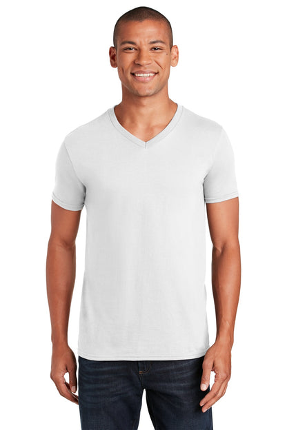 Front View of White Gildan Softstyle V-Neck T-Shirt. 64V00 plain