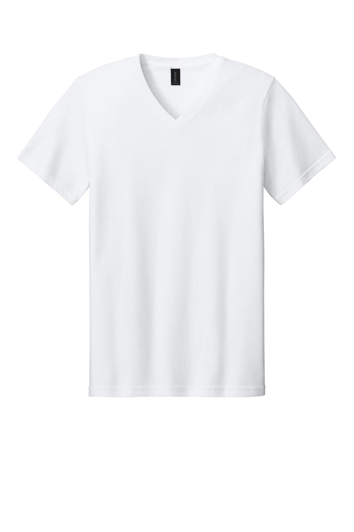 Front View of White Gildan Softstyle V-Neck T-Shirt. 64V00 plain