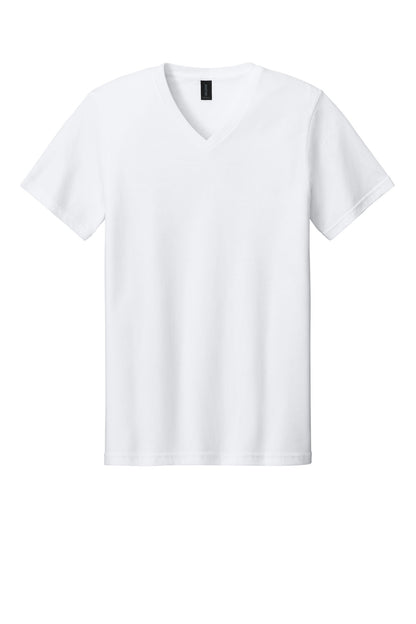 Front View of White Gildan Softstyle V-Neck T-Shirt. 64V00 plain