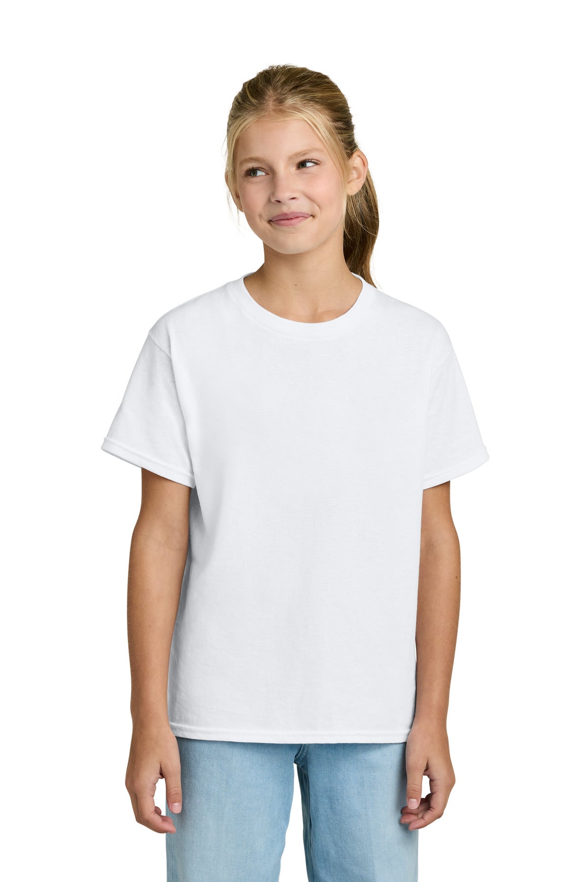 Front View of White Gildan Youth Light Cotton Tee 3000B plain