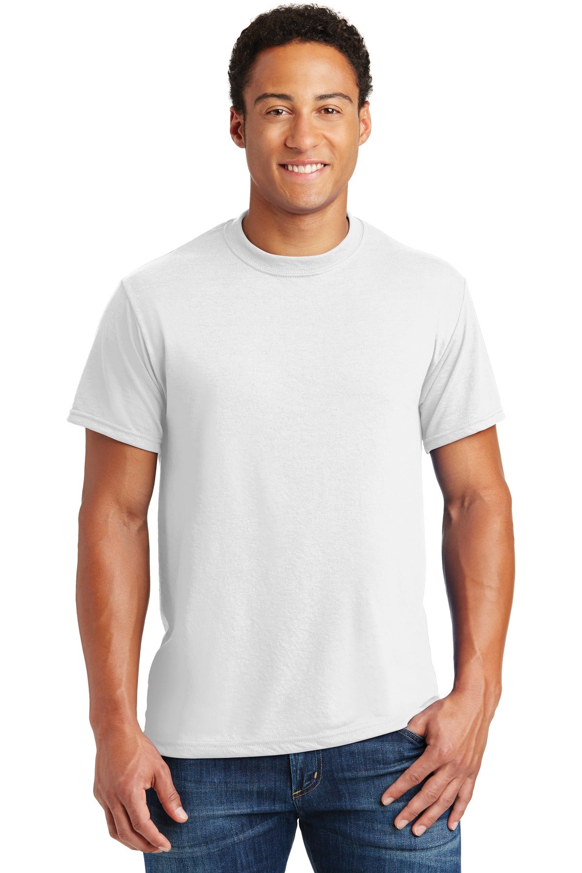 Front View of White Jerzees Dri-Power 100% Polyester T-Shirt. 21M plain