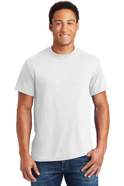 Front View of White Jerzees Dri-Power 100% Polyester T-Shirt. 21M plain