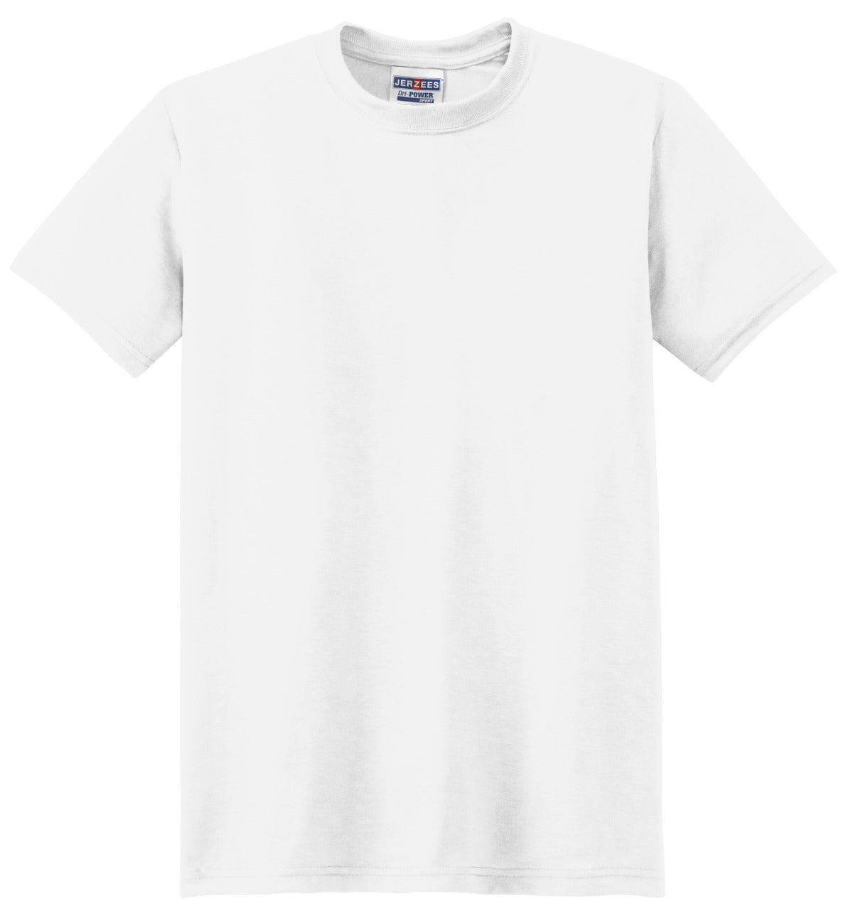 Front View of White Jerzees Dri-Power 100% Polyester T-Shirt. 21M plain