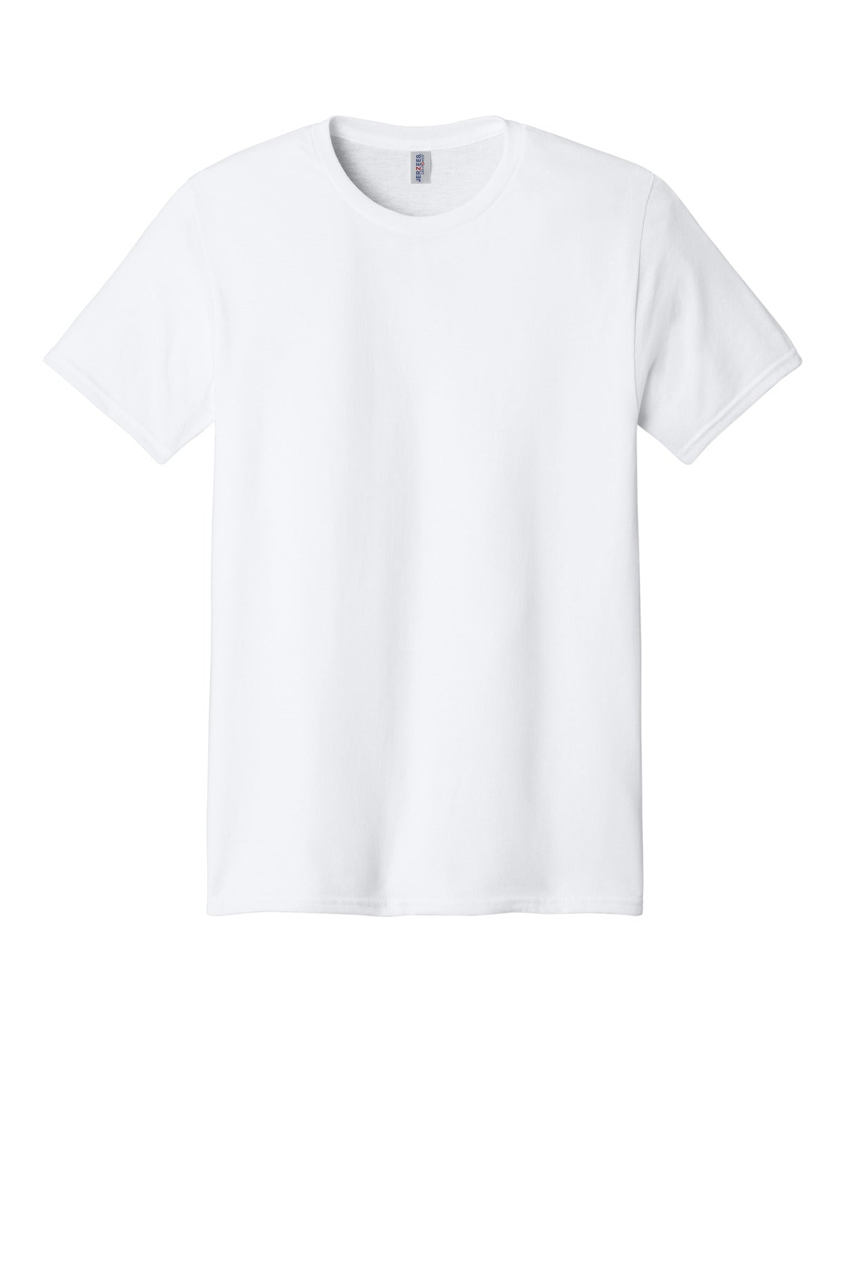 Front View of White Jerzees Dri-Power 100% Polyester T-Shirt. 21M plain