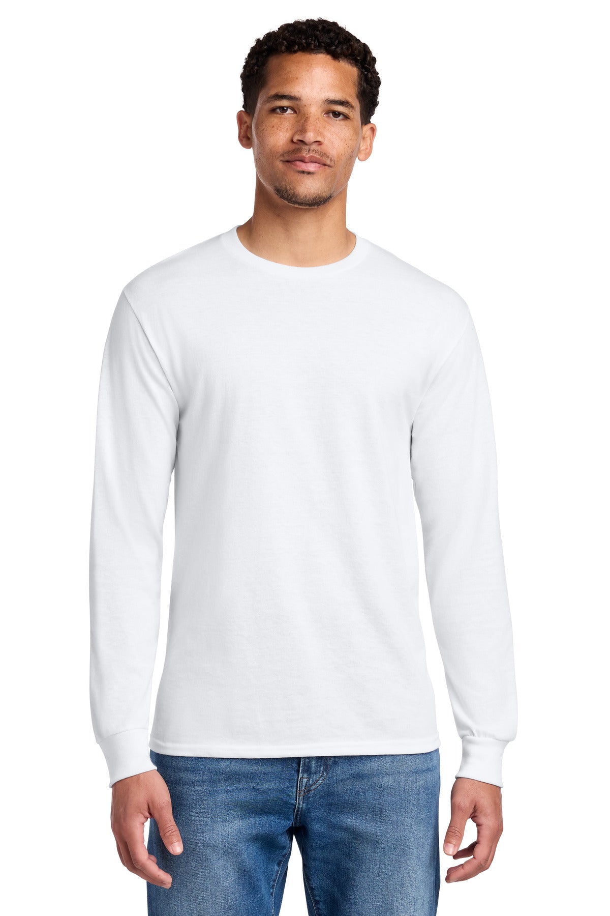 Front View of White Jerzees - Dri-Power 50/50 Cotton/Poly Long Sleeve T-Shirt. 29LS plain