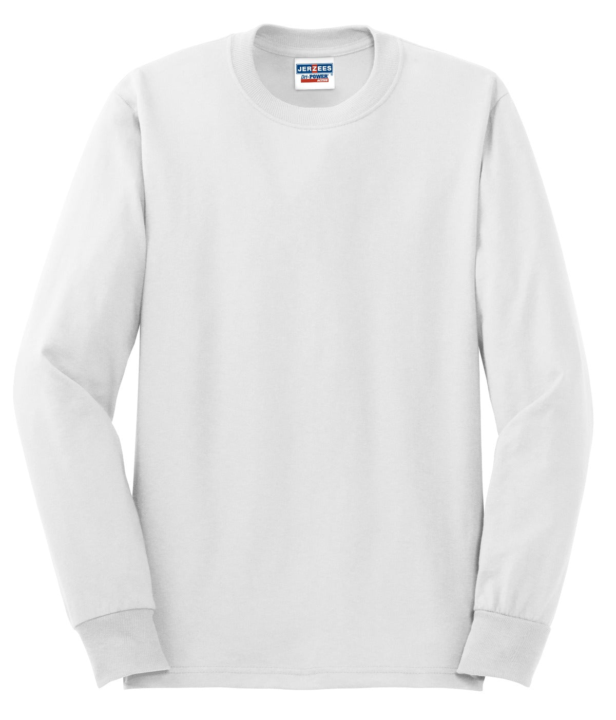 Front View of White Jerzees - Dri-Power 50/50 Cotton/Poly Long Sleeve T-Shirt. 29LS plain