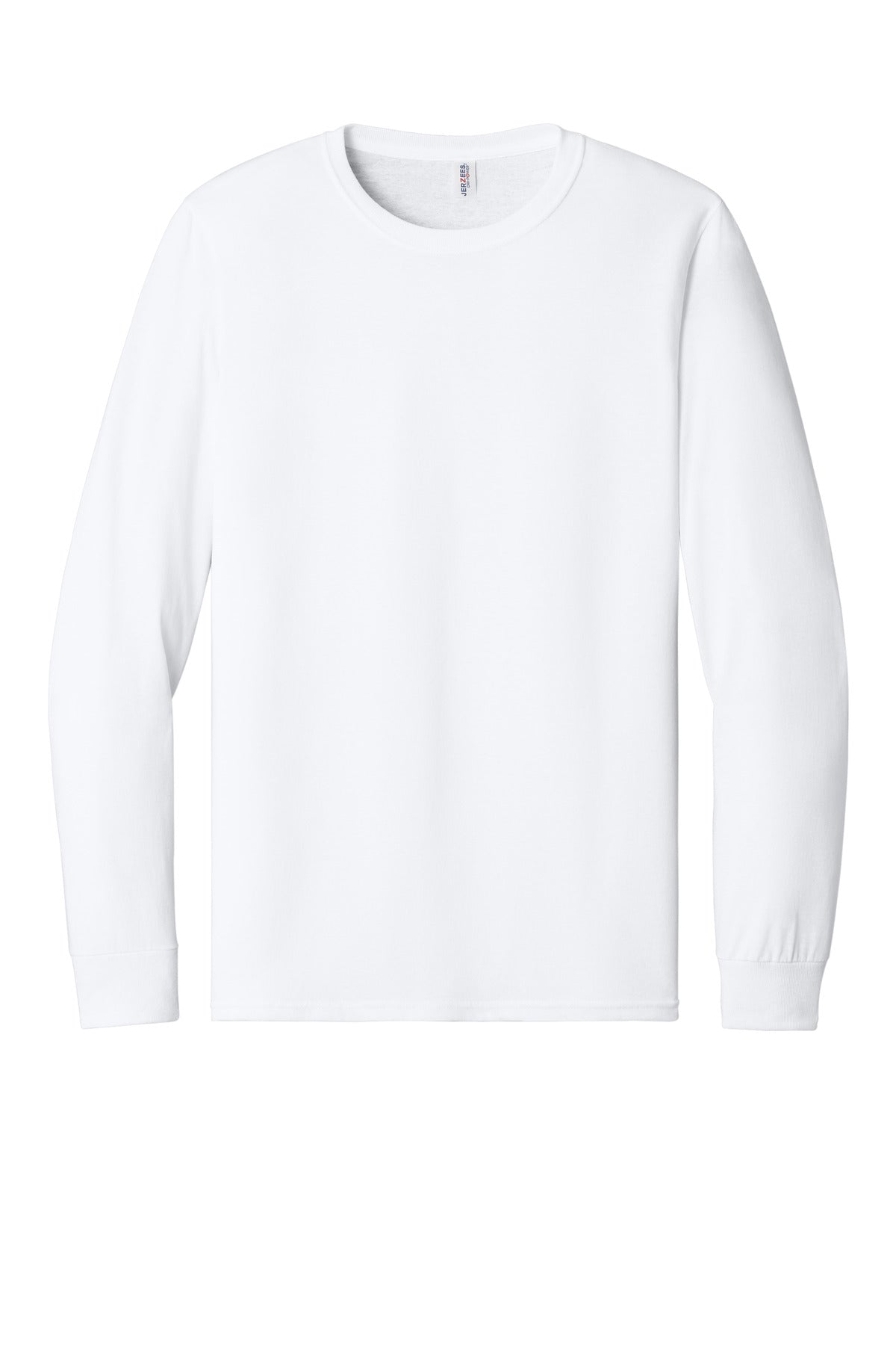 Front View of White Jerzees - Dri-Power 50/50 Cotton/Poly Long Sleeve T-Shirt. 29LS plain