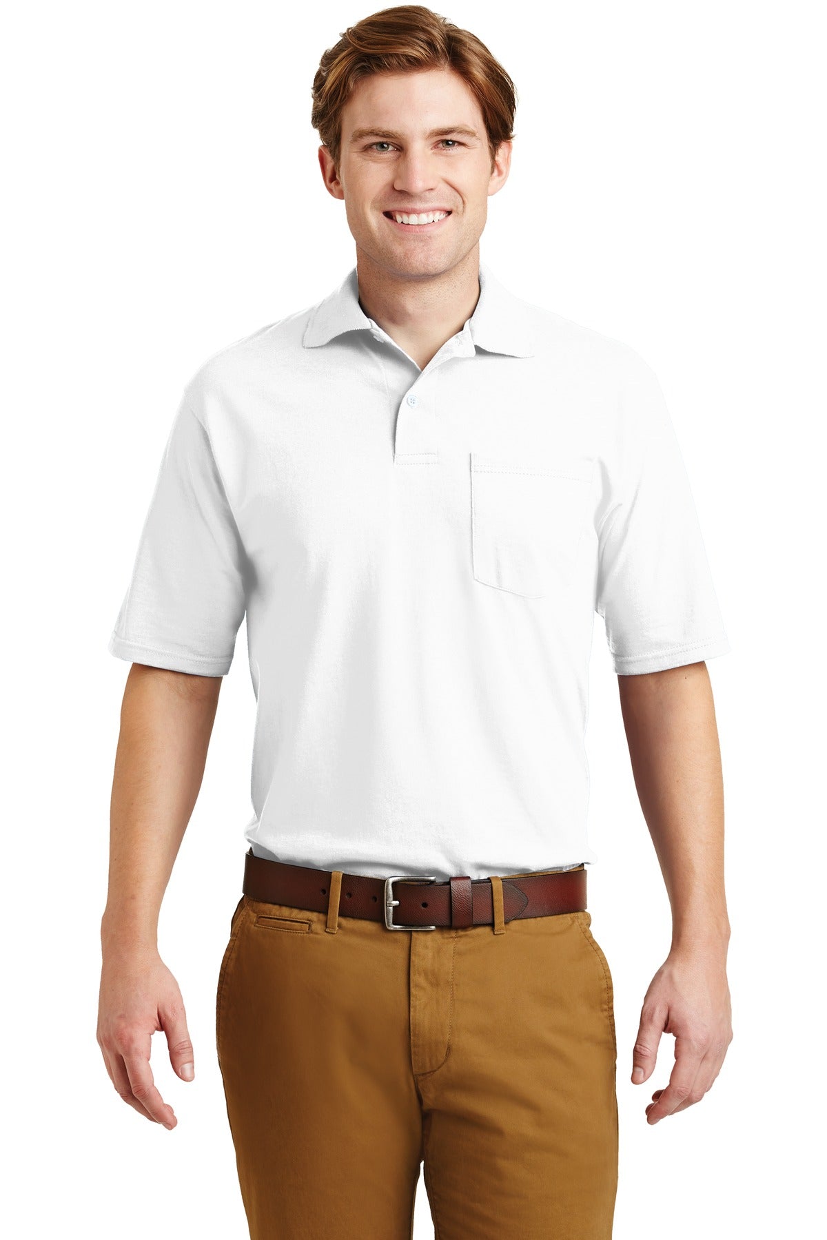 Front View of White Jerzees Dri-Power Pocket Sport Shirt. 436MP plain