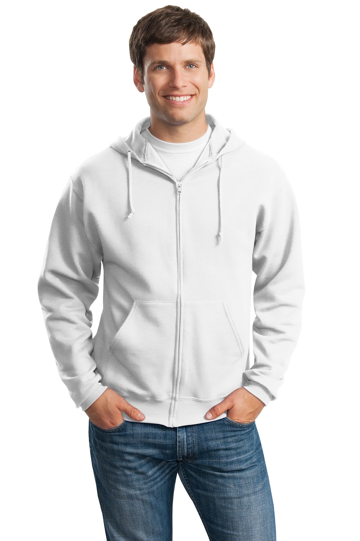 Front View of White Jerzees - NuBlend Full-Zip Hooded Sweatshirt. 993M plain