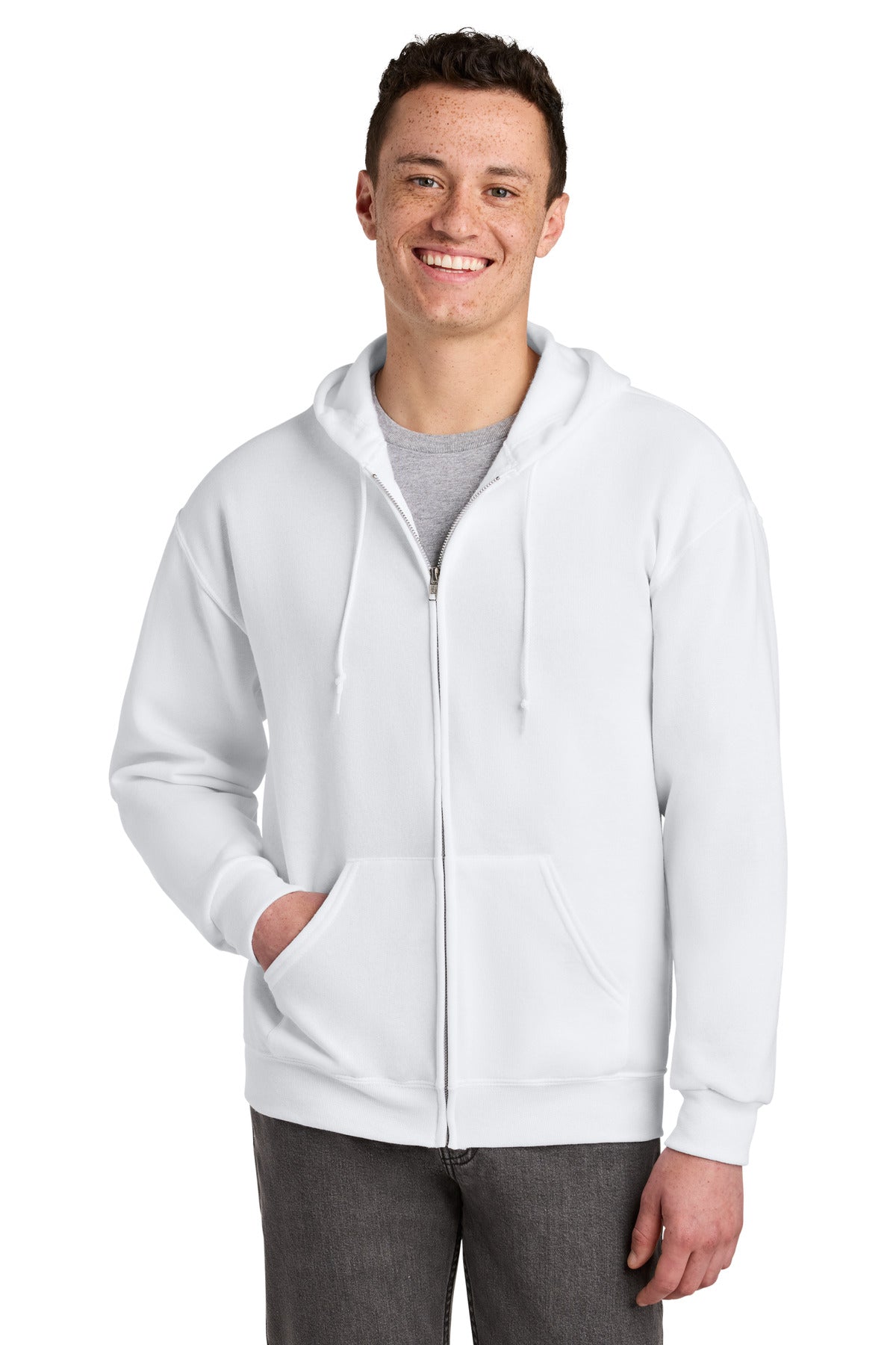 Front View of White Jerzees - NuBlend Full-Zip Hooded Sweatshirt. 993M plain
