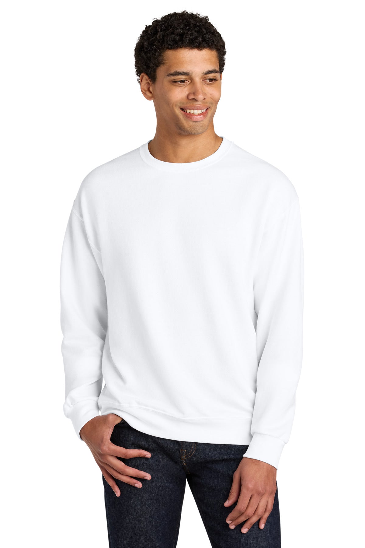 Front View of White Jerzees Ultimate Unisex CVC Ring Spun Crewneck Sweatshirt IC48M plain