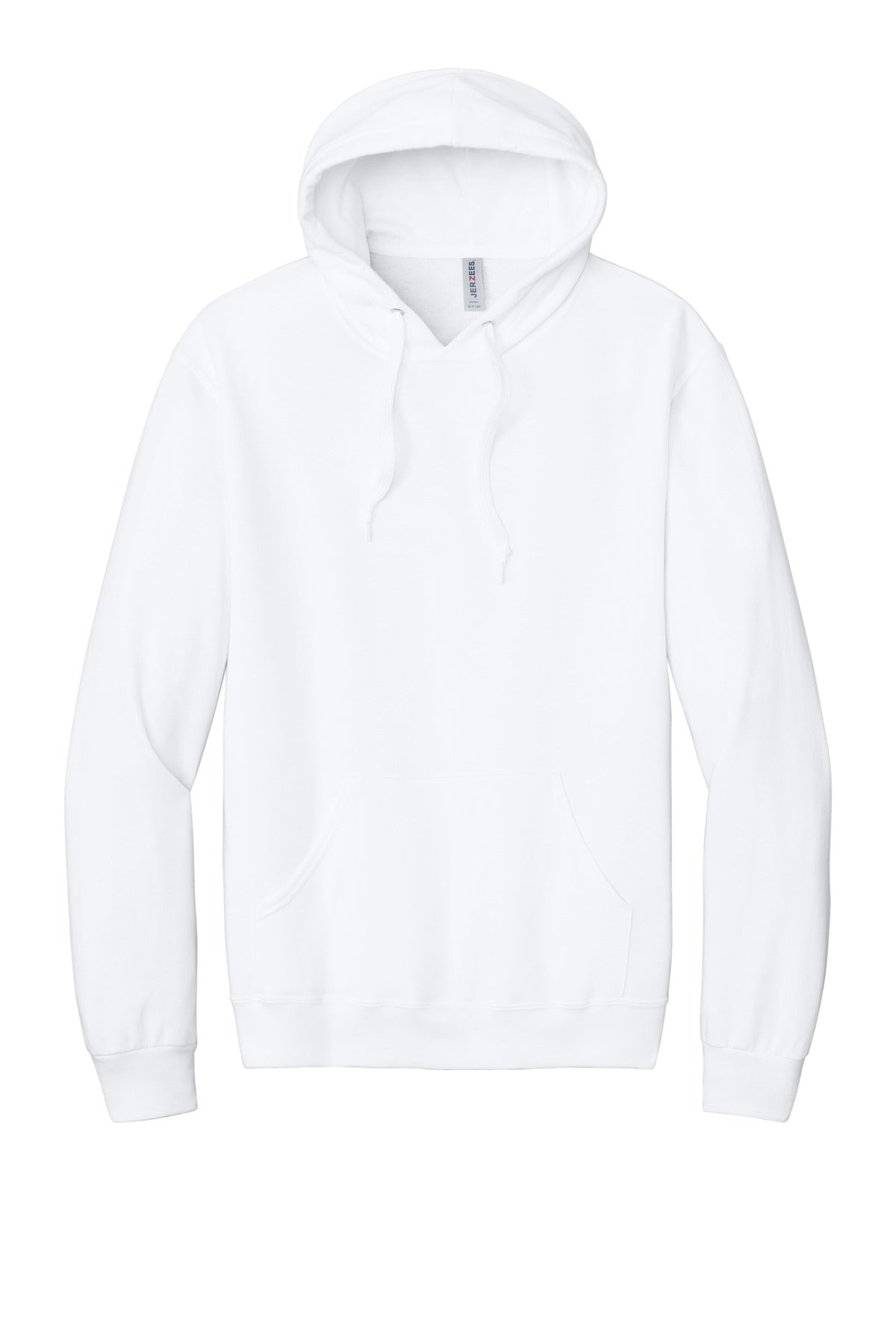 Front View of White Jerzees Ultimate Unisex CVC Ring Spun Hooded Sweatshirt IC49M plain
