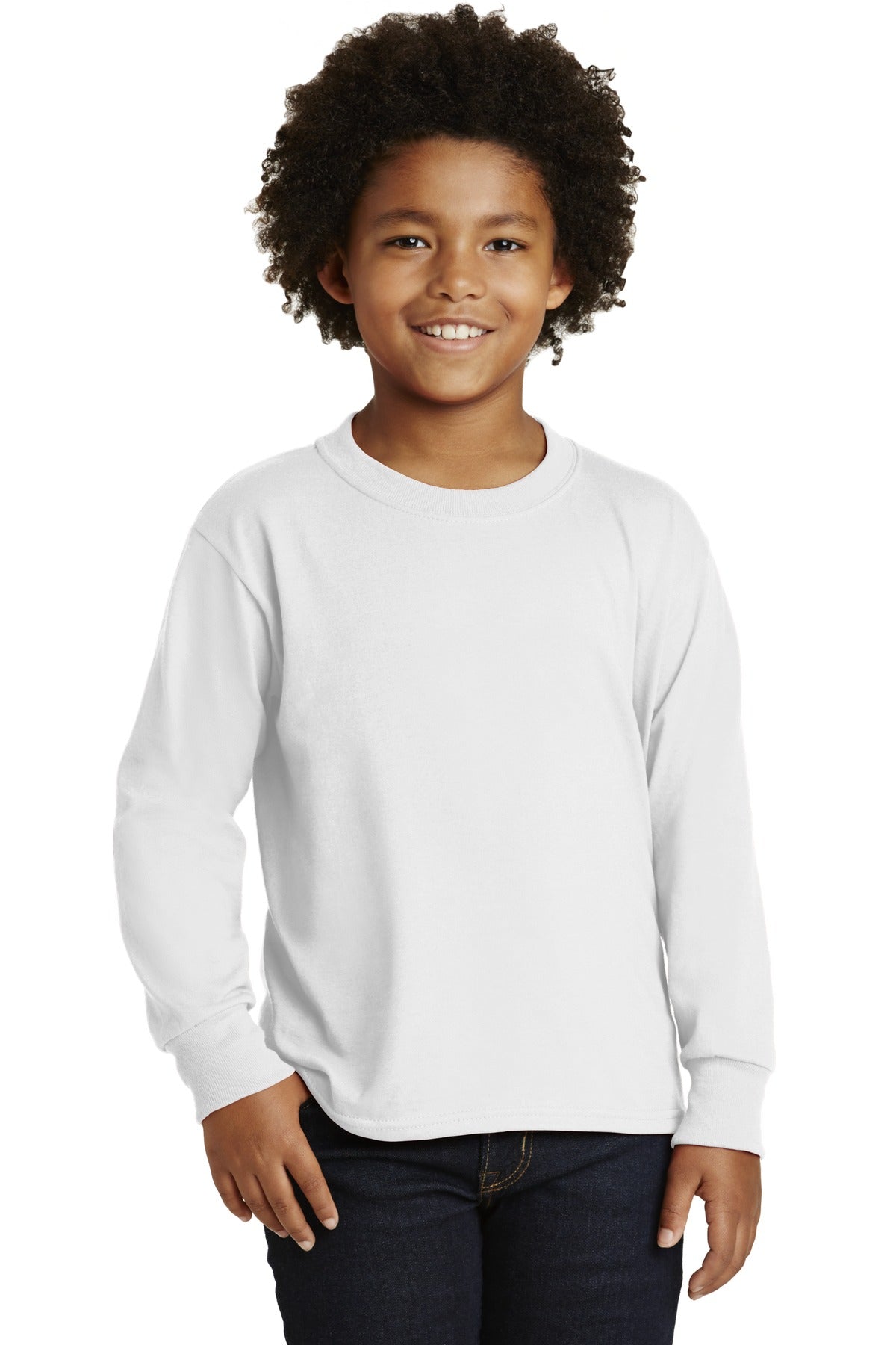 Front View of White Jerzees Youth Dri-Power 50/50 Cotton/Poly Long Sleeve 29BL plain