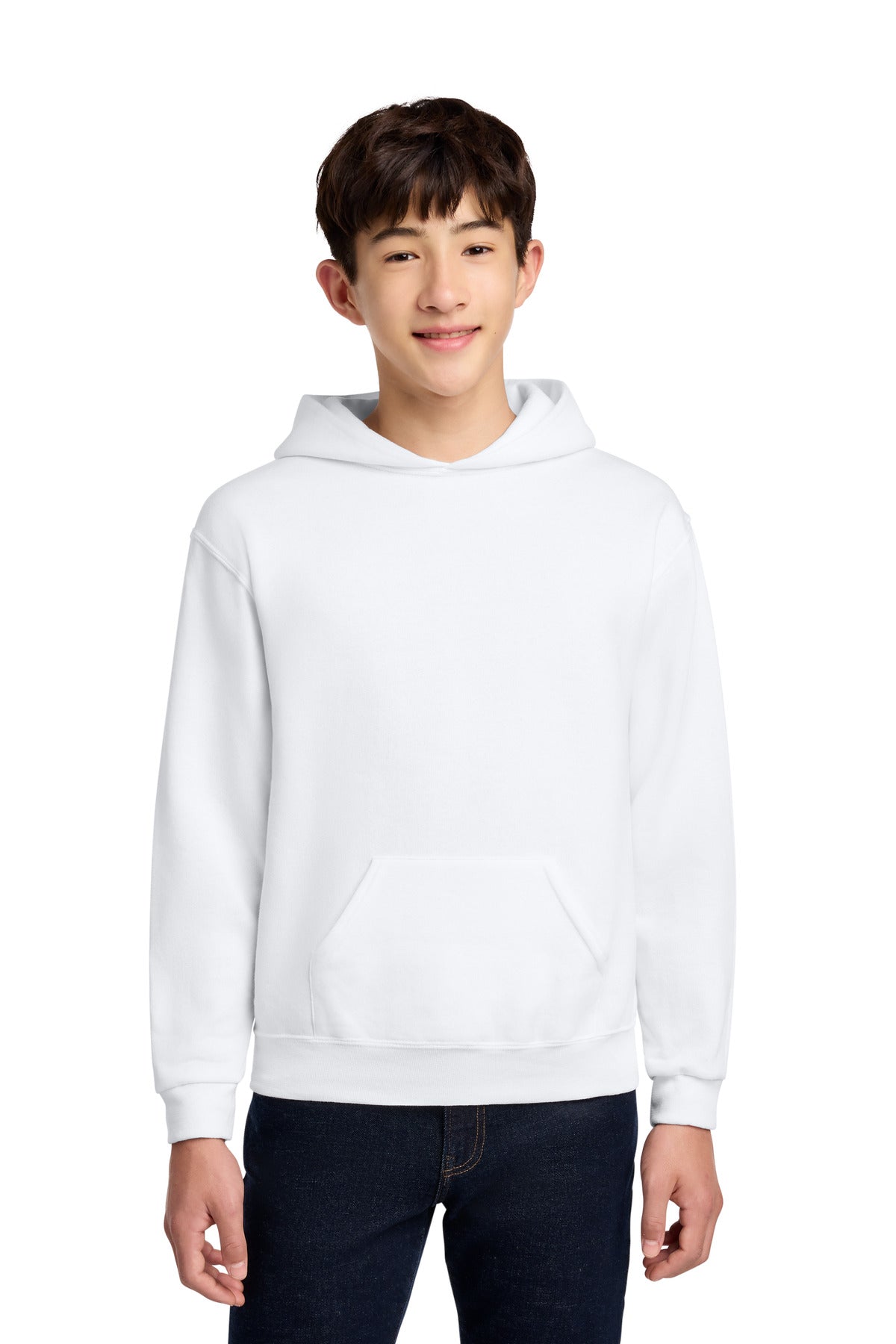 Front View of White Jerzees - Youth NuBlend Pullover Hooded Sweatshirt. 996Y plain