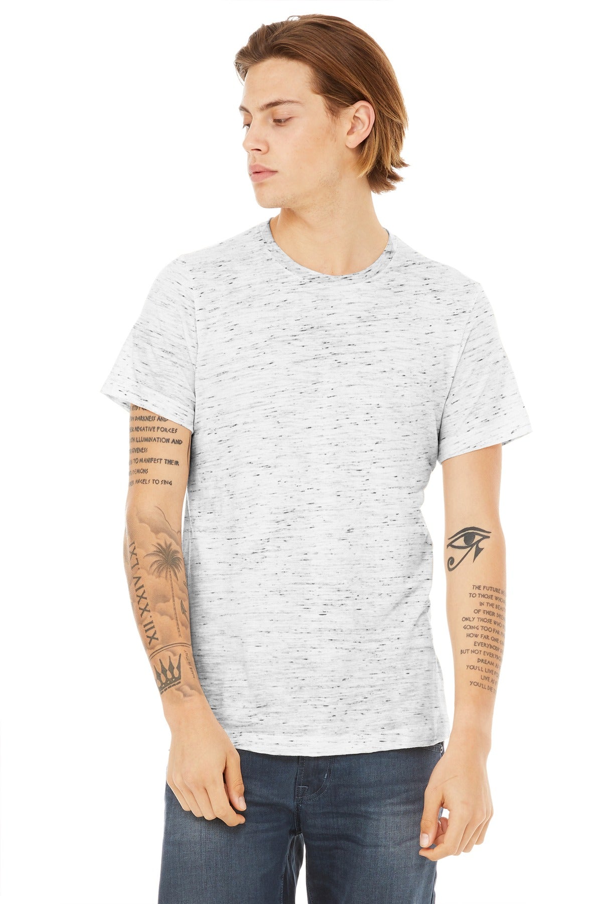Front View of White Marble BELLA+CANVAS Unisex Poly-Cotton Short Sleeve Tee. BC3650 plain