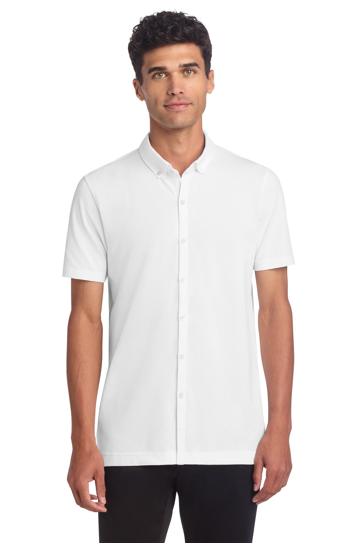 Front View of White Mercer+Mettle Stretch Pique Full-Button Polo MM1006 plain