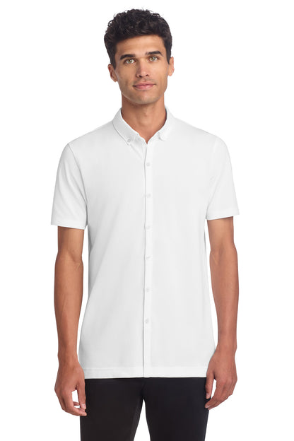 Front View of White Mercer+Mettle Stretch Pique Full-Button Polo MM1006 plain