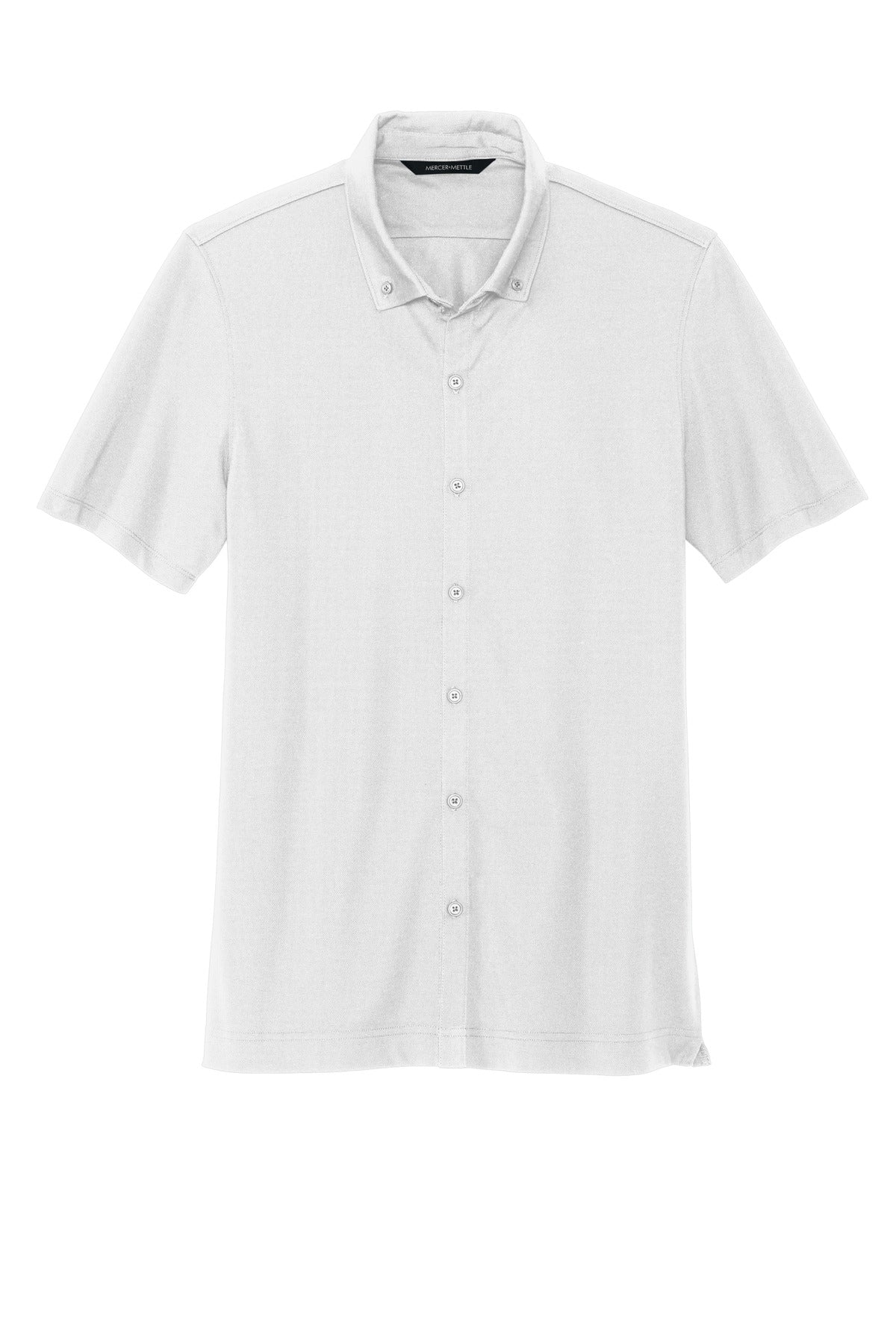 Front View of White Mercer+Mettle Stretch Pique Full-Button Polo MM1006 plain