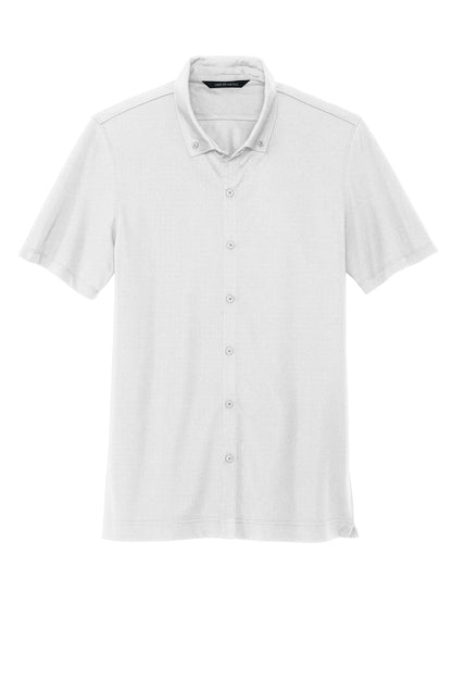 Front View of White Mercer+Mettle Stretch Pique Full-Button Polo MM1006 plain