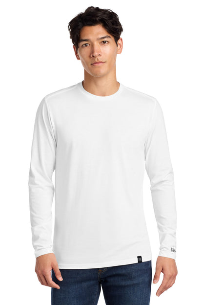 Front View of White New Era Heritage Blend Long Sleeve Crew Tee. NEA102 plain