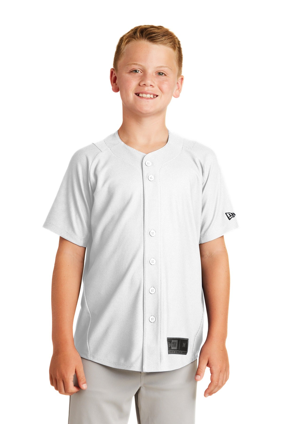 Front View of White New Era Youth Diamond Era Full-Button Jersey. YNEA220 plain