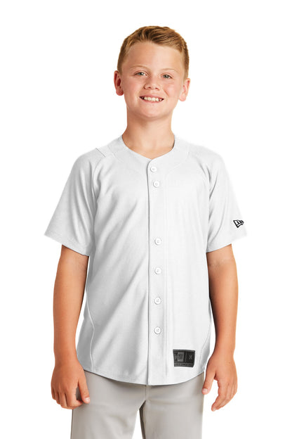 Front View of White New Era Youth Diamond Era Full-Button Jersey. YNEA220 plain