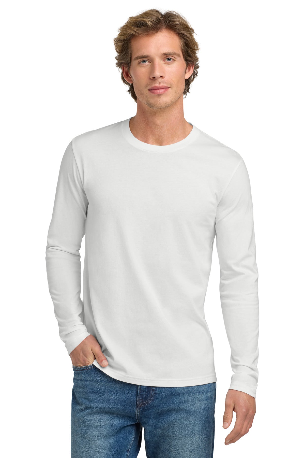 Front View of White Next Level Apparel Cotton Long Sleeve Tee. NL3601 plain
