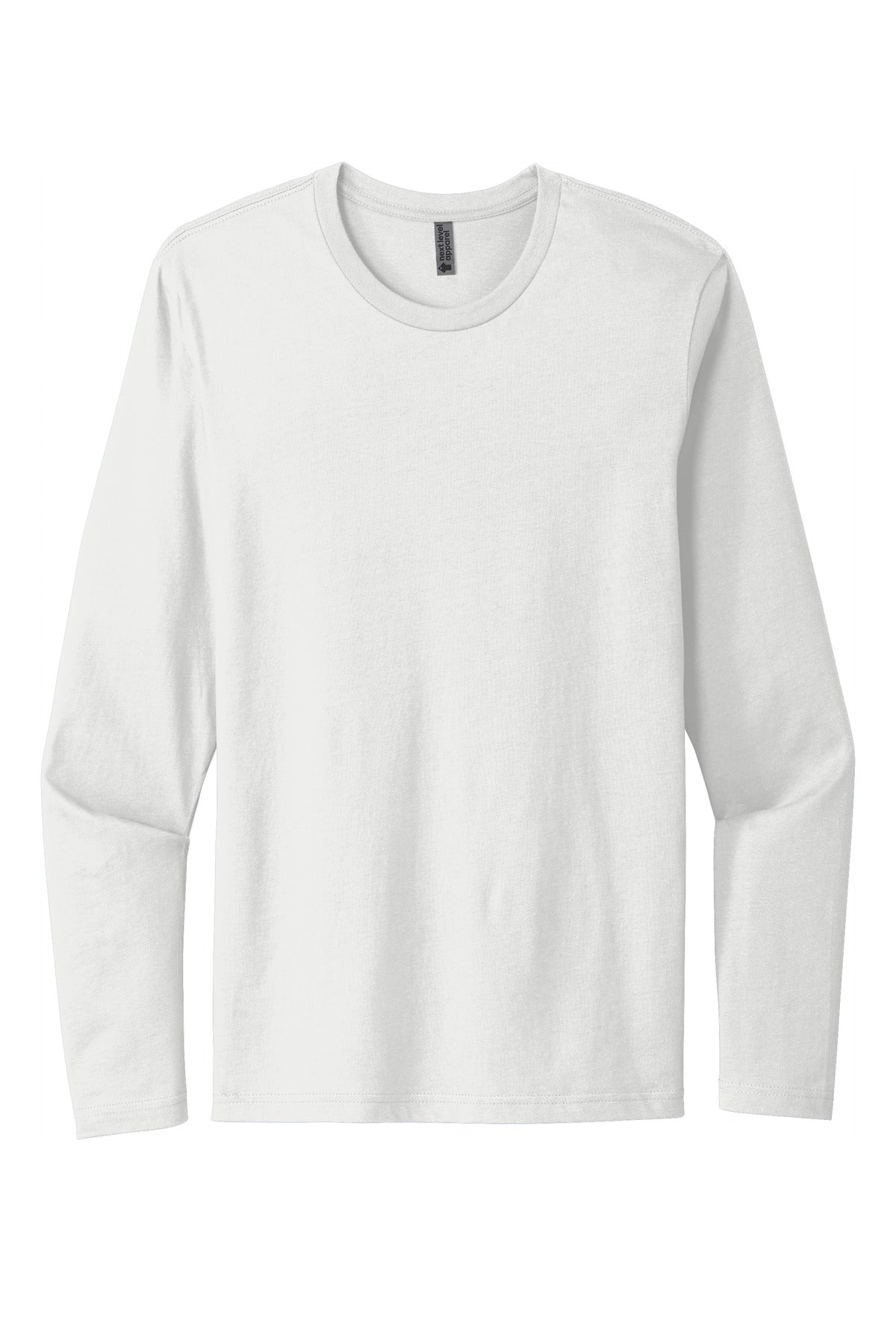 Front View of White Next Level Apparel Cotton Long Sleeve Tee. NL3601 plain