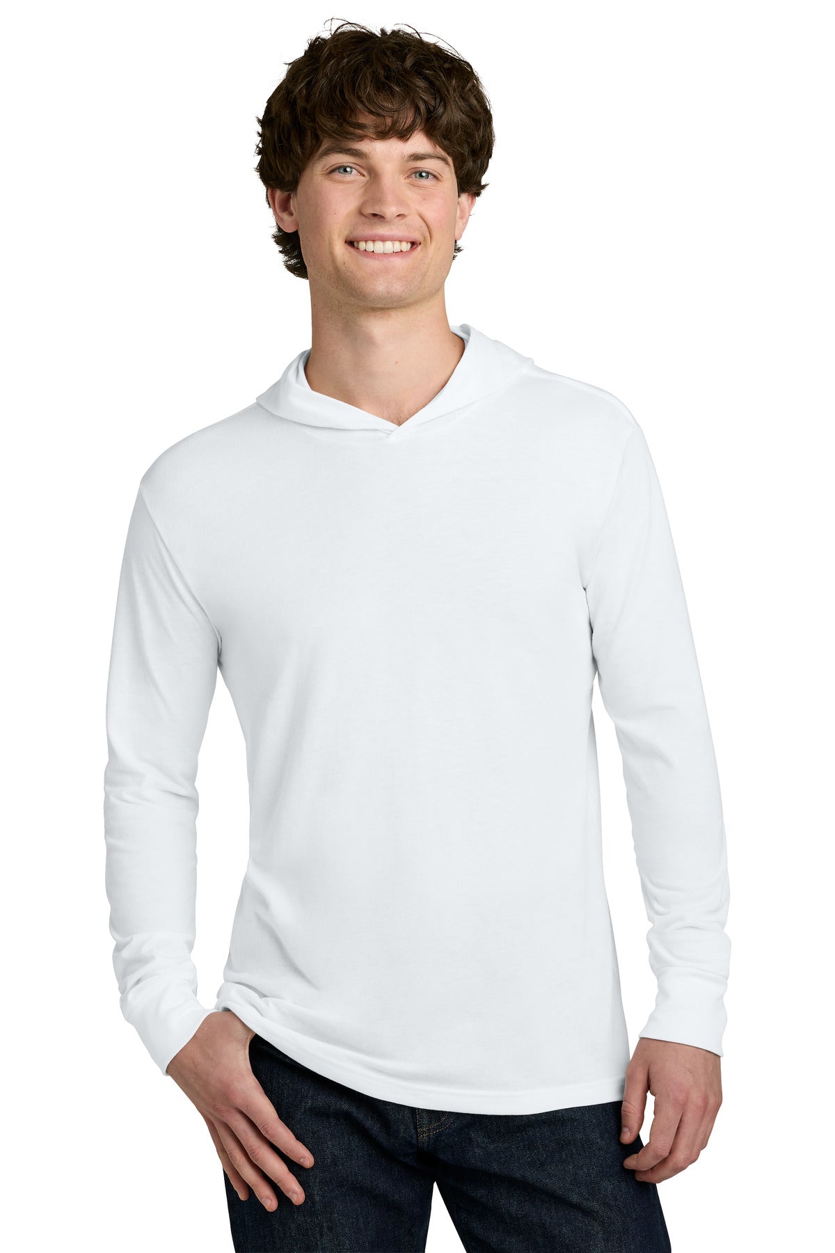 Front View of White Next Level Apparel CVC Long Sleeve Hoodie NL6221 plain
