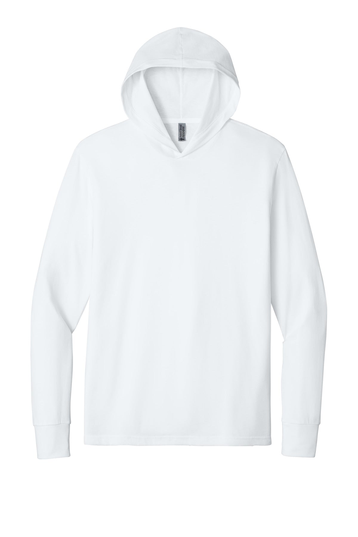 Front View of White Next Level Apparel CVC Long Sleeve Hoodie NL6221 plain