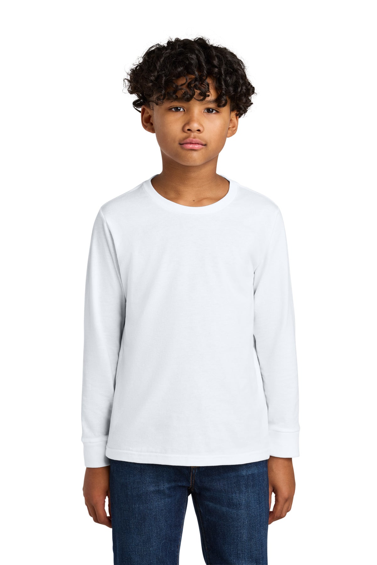 Front View of White Next Level Apparel Youth Cotton Long Sleeve Tee NL3311 plain
