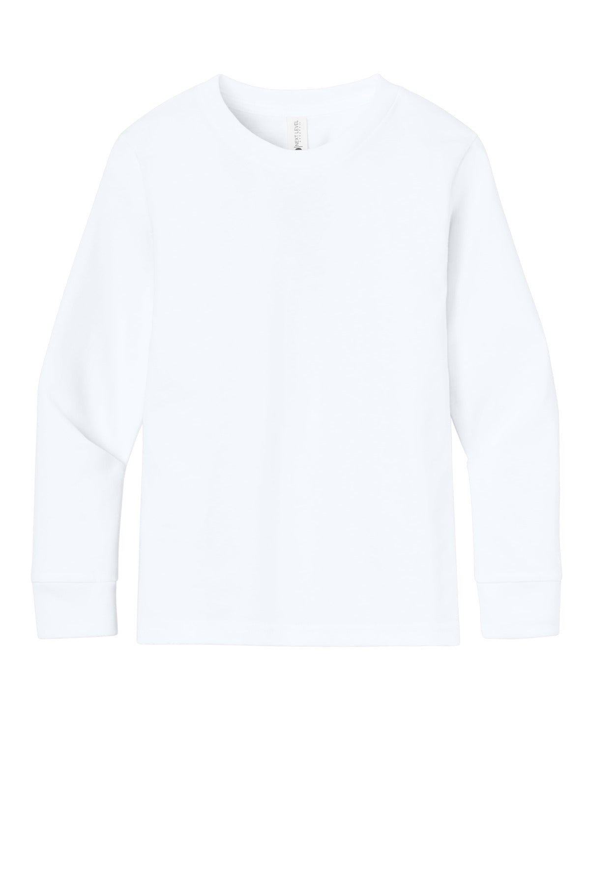 Front View of White Next Level Apparel Youth Cotton Long Sleeve Tee NL3311 plain
