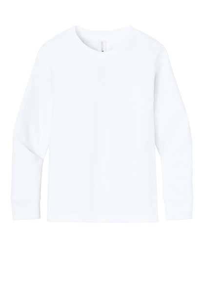 Front View of White Next Level Apparel Youth Cotton Long Sleeve Tee NL3311 plain