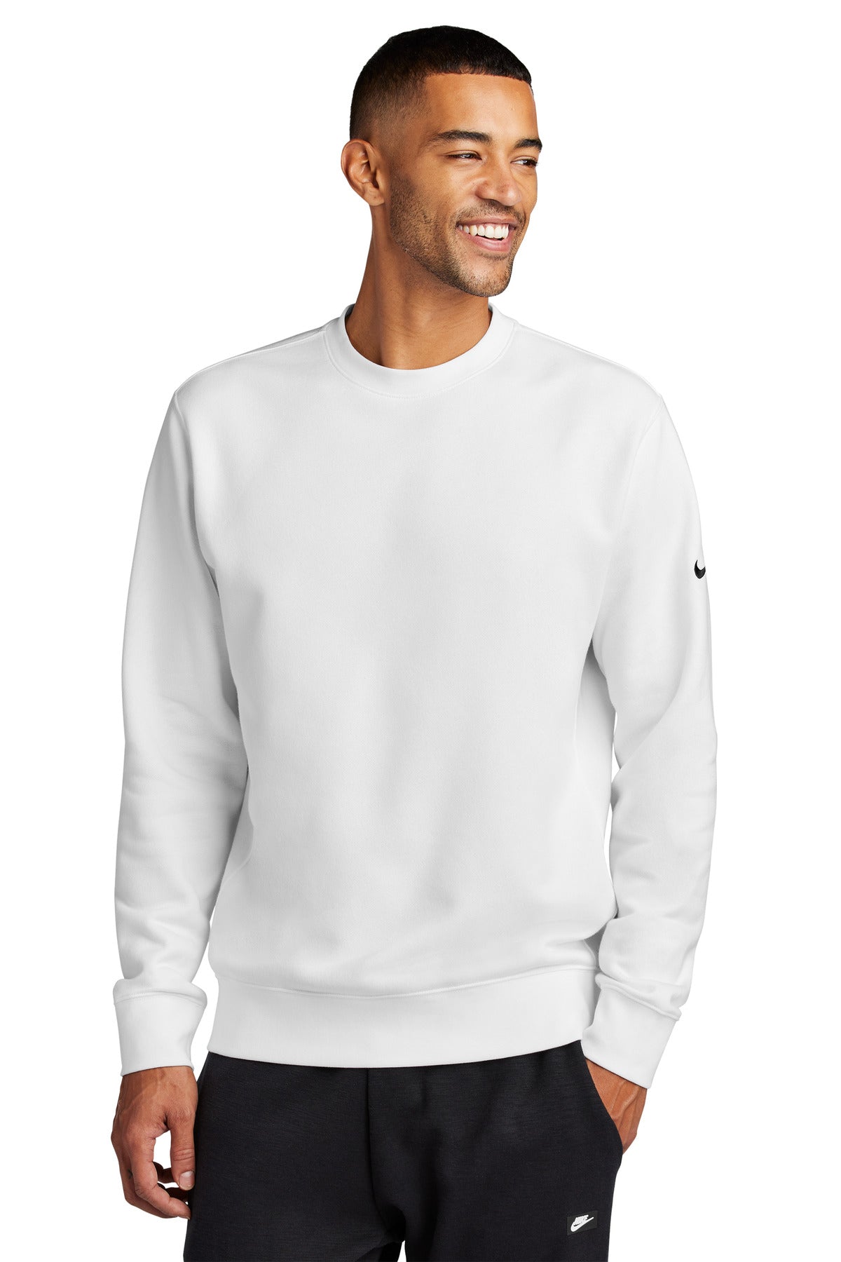 Front View of White Nike Club Fleece Sleeve Swoosh Crew NKFD9863 plain