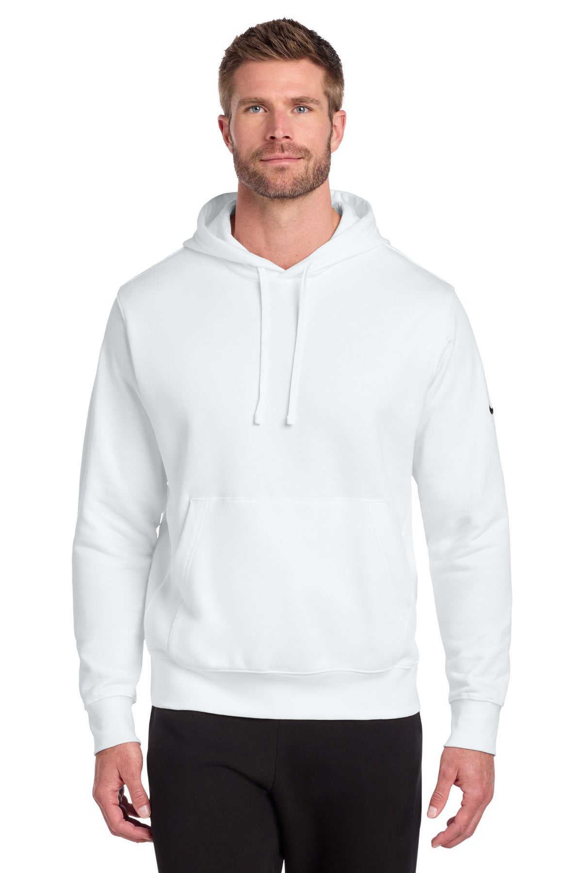 Front View of White Nike Club Fleece Sleeve Swoosh Pullover Hoodie NKDR1499 plain