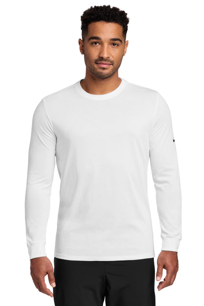 Front View of White Nike Dri-FIT Cotton/Poly Long Sleeve Tee. NKBQ5230 plain