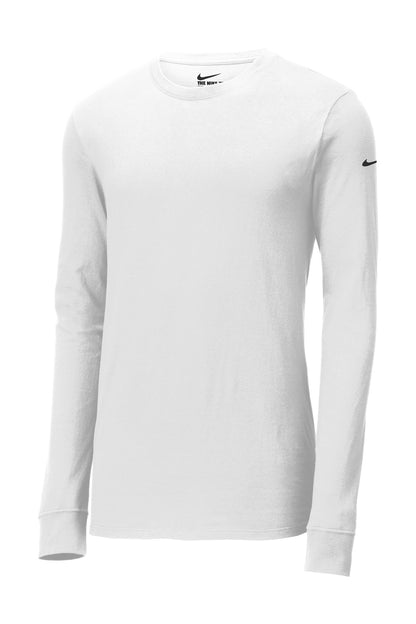 Front View of White Nike Dri-FIT Cotton/Poly Long Sleeve Tee. NKBQ5230 plain
