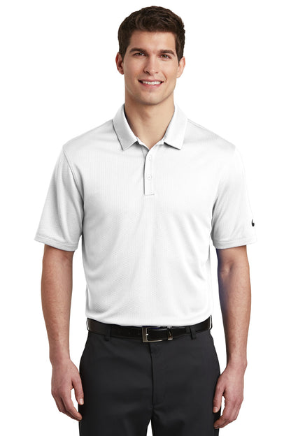Front View of White Nike Dri-FIT Hex Textured Polo. NKAH6266 plain