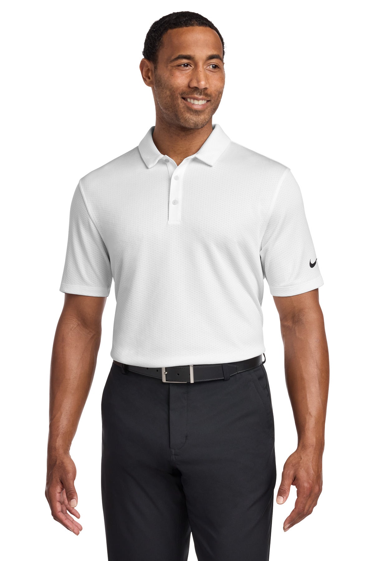 Front View of White Nike Dri-FIT Hex Textured Polo. NKAH6266 plain