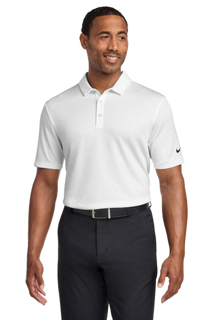 Front View of White Nike Dri-FIT Hex Textured Polo. NKAH6266 plain