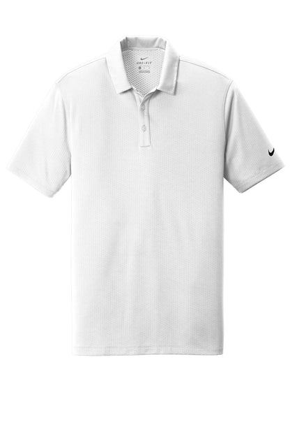 Front View of White Nike Dri-FIT Hex Textured Polo. NKAH6266 plain