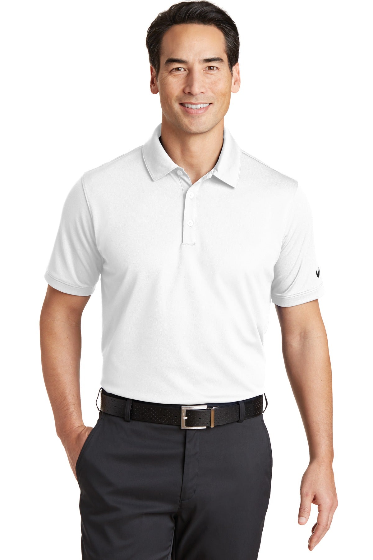 Front View of White Nike Dri-FIT Solid Icon Pique Modern Fit Polo. 746099 plain