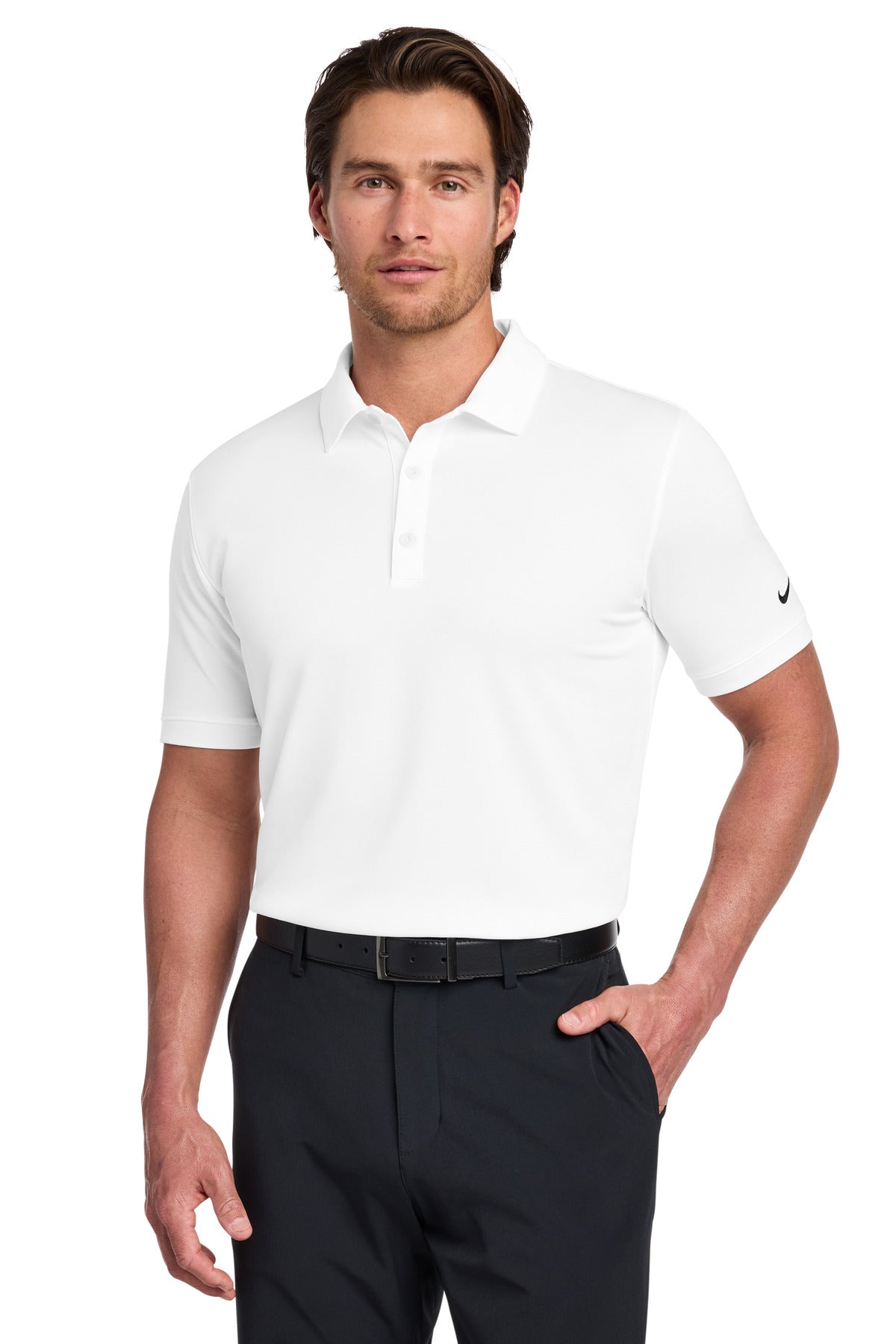 Front View of White Nike Dri-FIT Solid Icon Pique Modern Fit Polo. 746099 plain