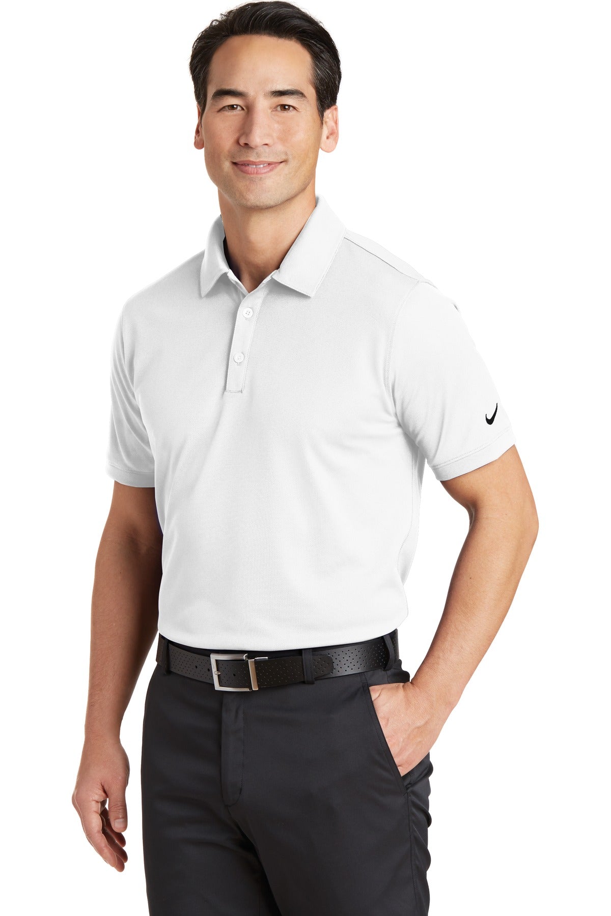 Front View of White Nike Dri-FIT Solid Icon Pique Modern Fit Polo. 746099 plain