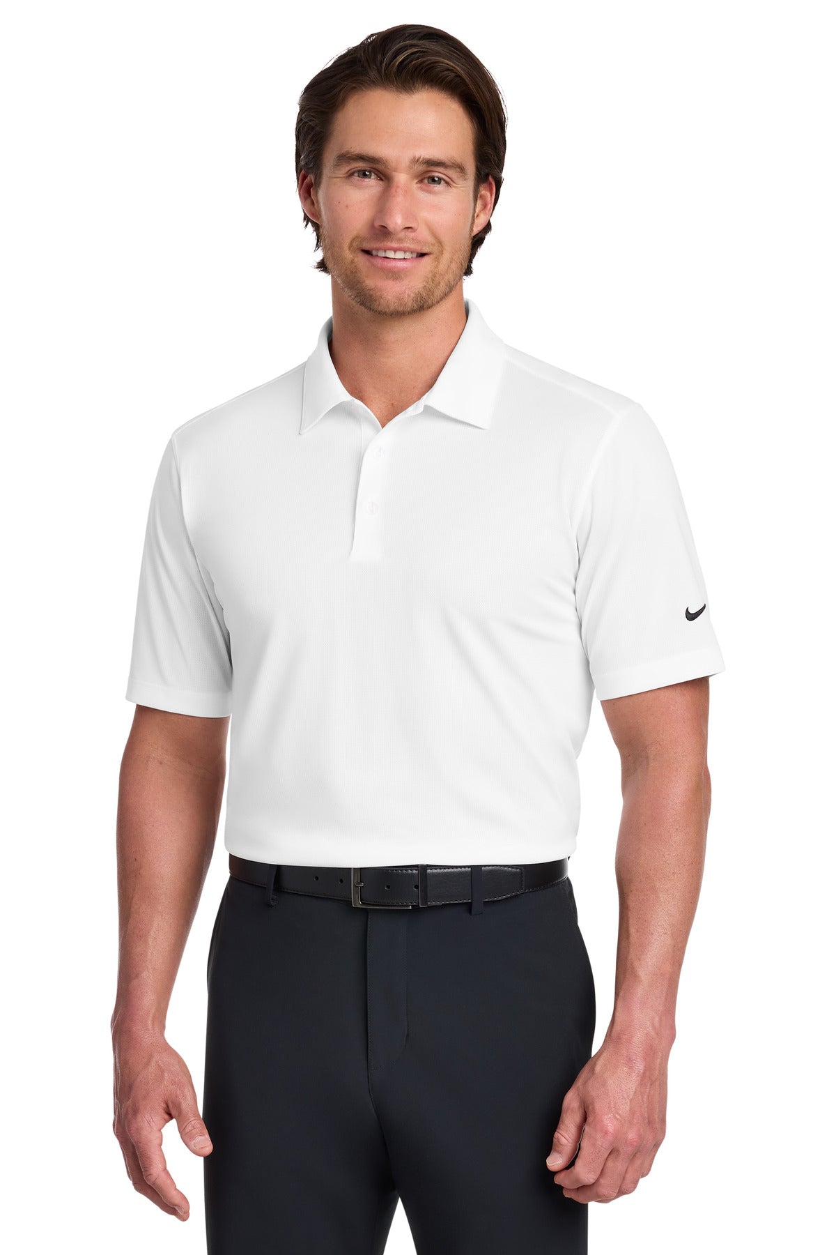 Front View of White Nike Dri-FIT Vertical Mesh Polo. 637167 plain
