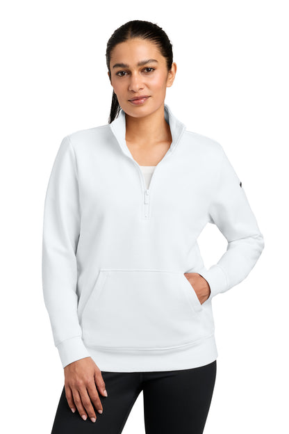 Front View of White Nike Women's Club Fleece Sleeve Swoosh 1/2-Zip NKDX6720 plain